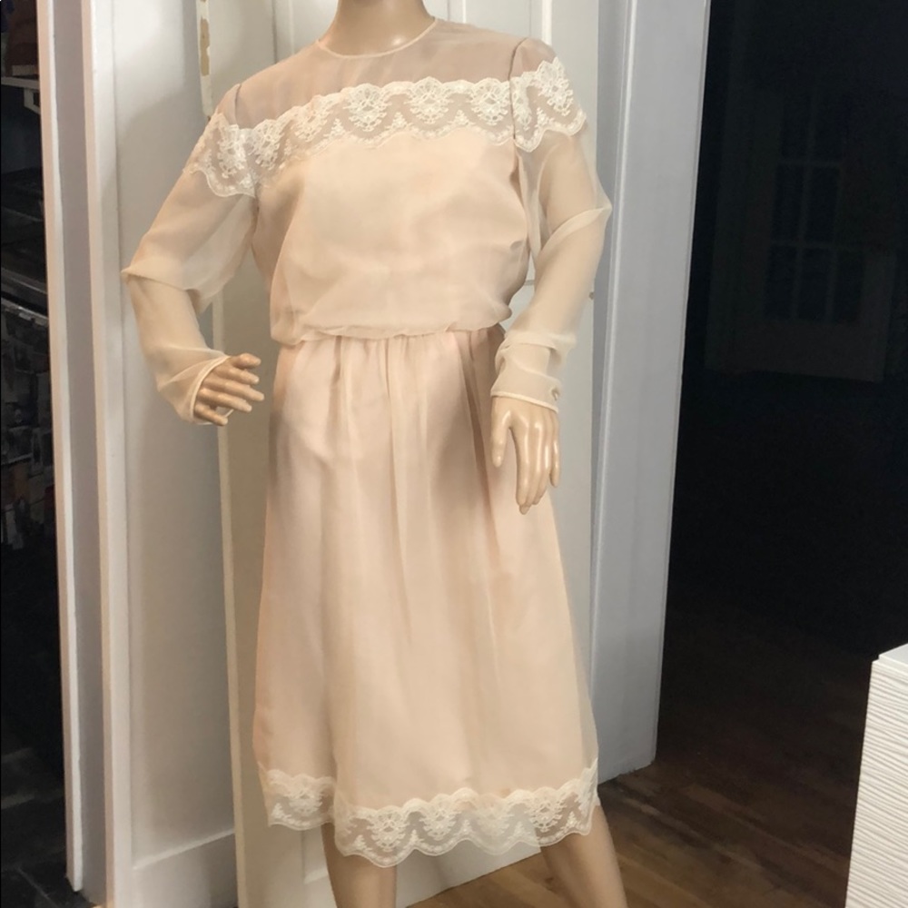 Vtg. Peach & ivory Sheer silk chiffon & lace dress